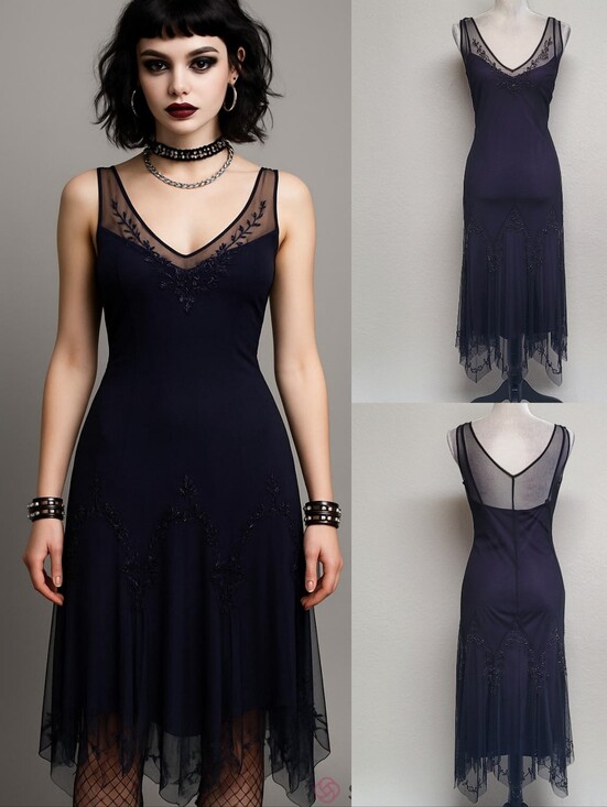 Cache Dresses & Skirts - Gothic Fairytale Cache Vintage Black Sheer Mesh Beaded Asymmetric Midi Dress